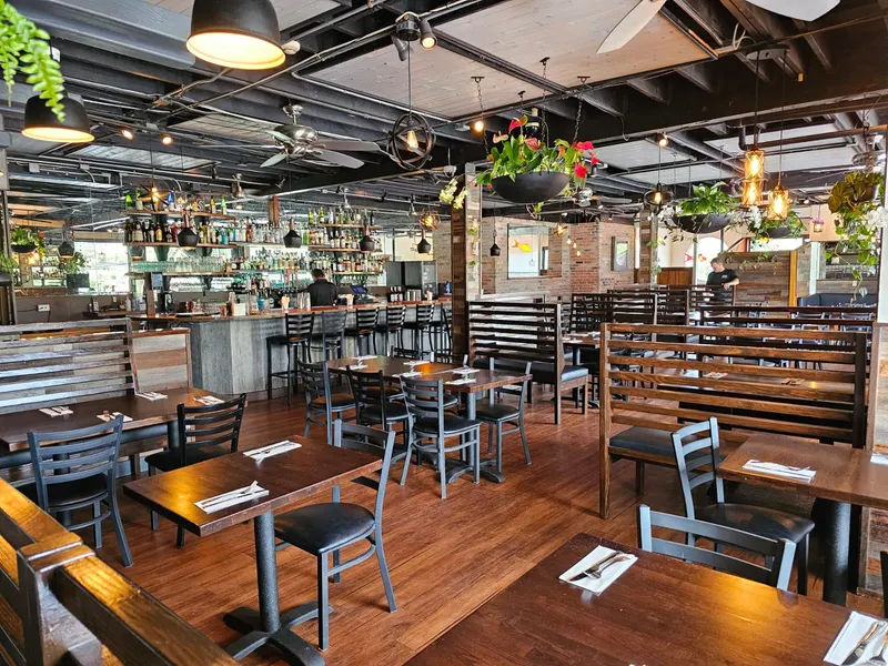 Dining room and bar at The Terrace with hanging plants